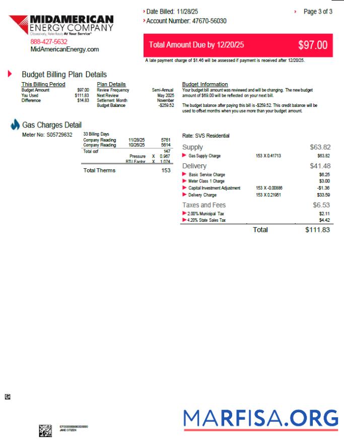 Printable USA MidAmerican Energy Company utility bill template in Word and PDF formats, 3 pages, 3rd page